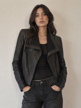 BCBGMaxAzria Black Draped Leather Moto Jacket Size M
